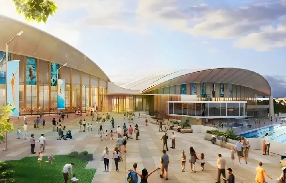 Artist impression of a large-scale sports and community precinct redevelopment in Brisbane’s inner north, showing stadium, aquatic centre and public spaces.