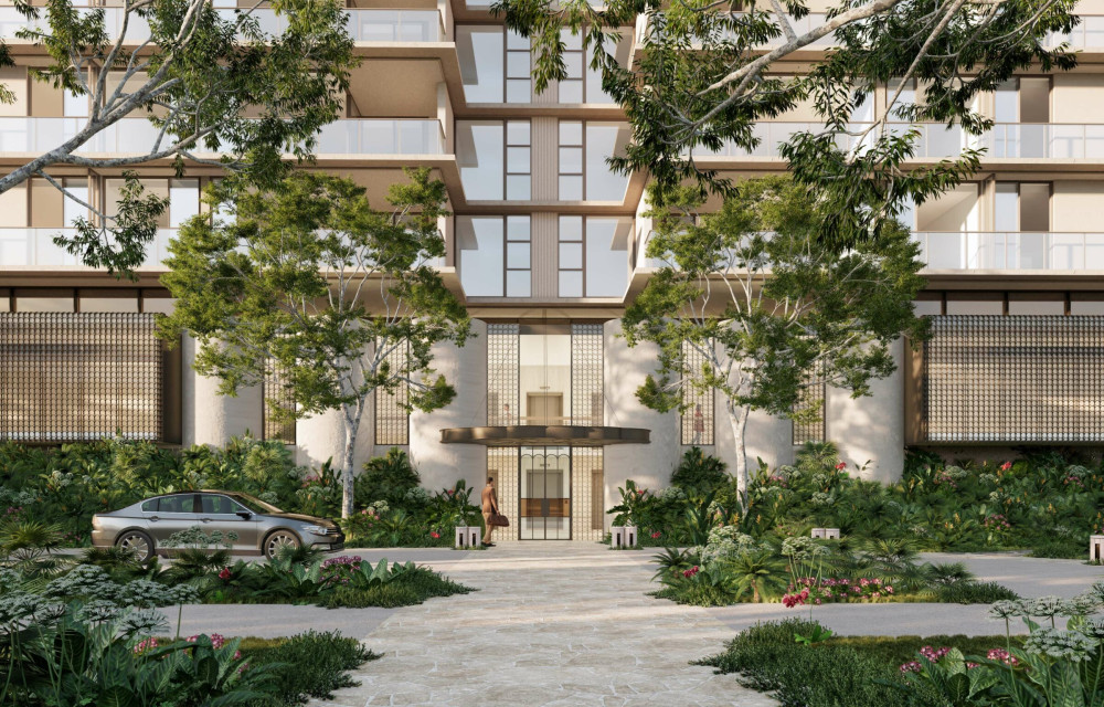 Architectural rendering of proposed 25-storey riverfront residential tower at 47 Skyring Terrace Newstead with rooftop pool and river views.