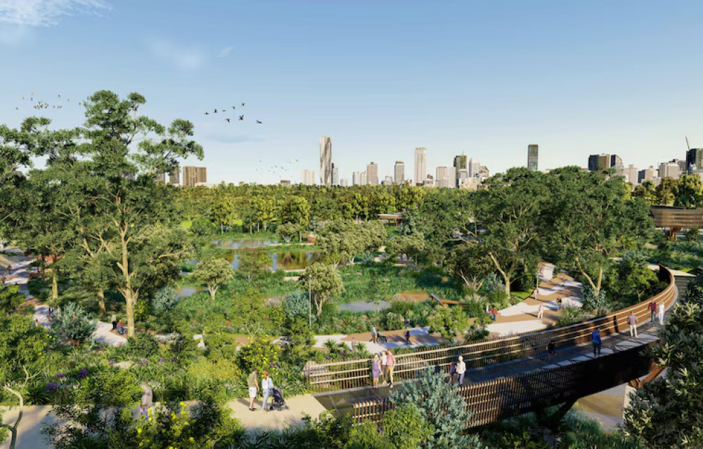 Visual representation of planned infrastructure works in Brisbane’s Victoria Park precinct for the 2032 Olympic and Paralympic Games, including stadium, aquatic centre, and urban redevelopment