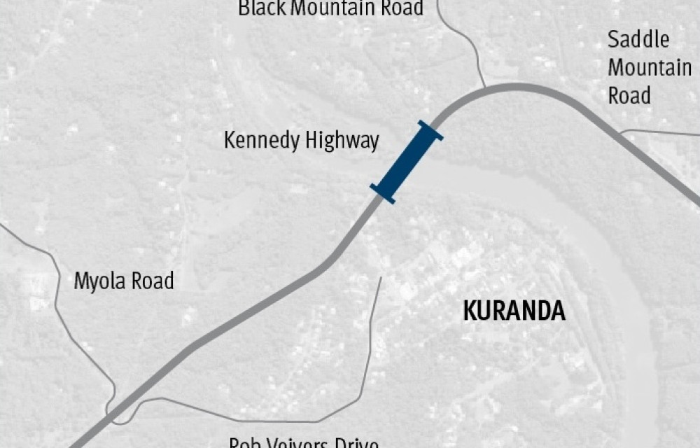 Barron River near Kuranda, showing the existing bridge crossing the river and dense surrounding rainforest