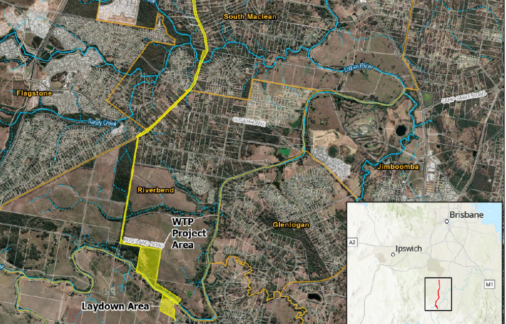 Map of the Wyaralong Water Treatment Plant project area and interconnector pipeline alignment in South-East Queensland.