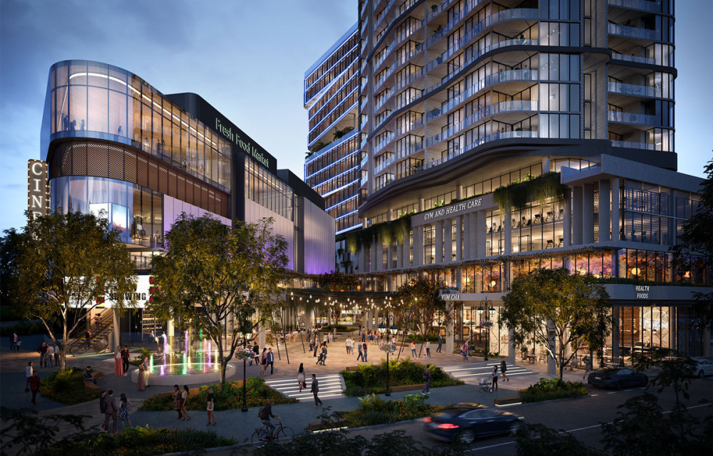 Proposed residential tower in Brisbane’s inner west showing green slot gardens, balconies, and subtropical design features