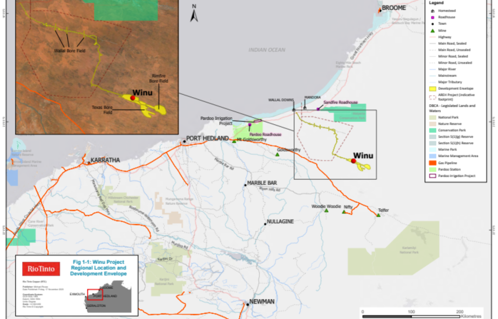 Plan for an open-cut copper and gold mine in remote Western Australia, with infrastructure including wind turbines and solar arrays.