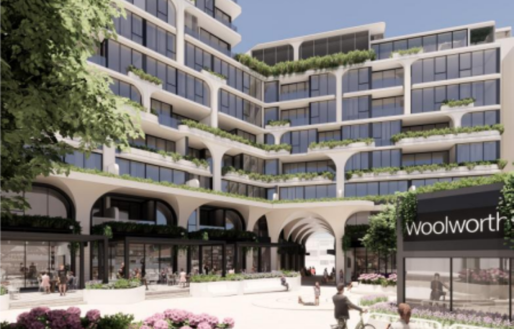 Artist impression of a proposed mixed-use development in Sydney's north featuring residential apartments, retail spaces and a supermarket