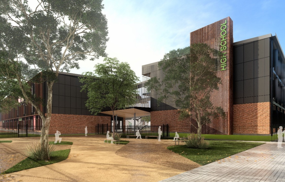 Artist impression of a new high school under construction in the Hunter region with modern classrooms, sports facilities and outdoor play areas.