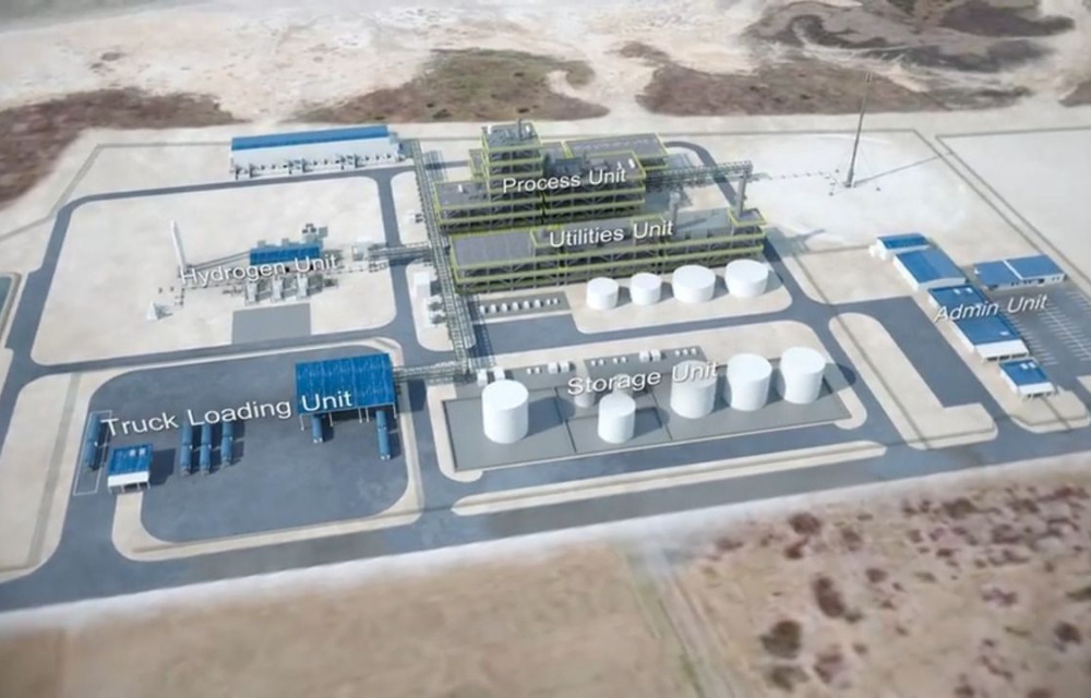 Artist’s impression of a large-scale sustainable aviation fuel facility with processing units, storage tanks, and supporting infrastructure