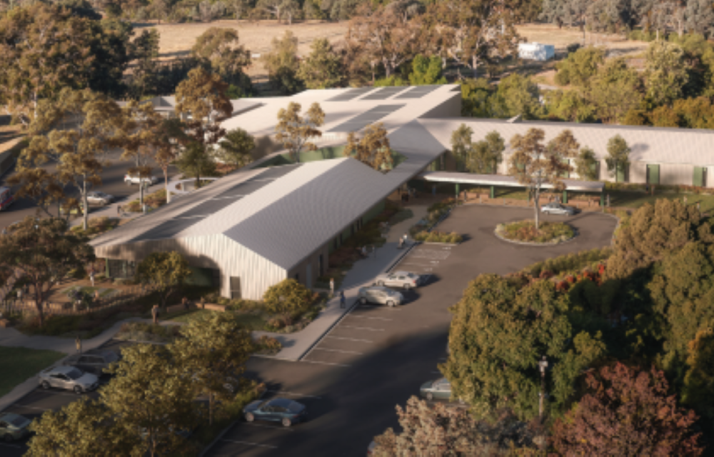 Aerial view of construction site for modern hospital redevelopment in the Riverina region, part of a $95 million healthcare infrastructure project.