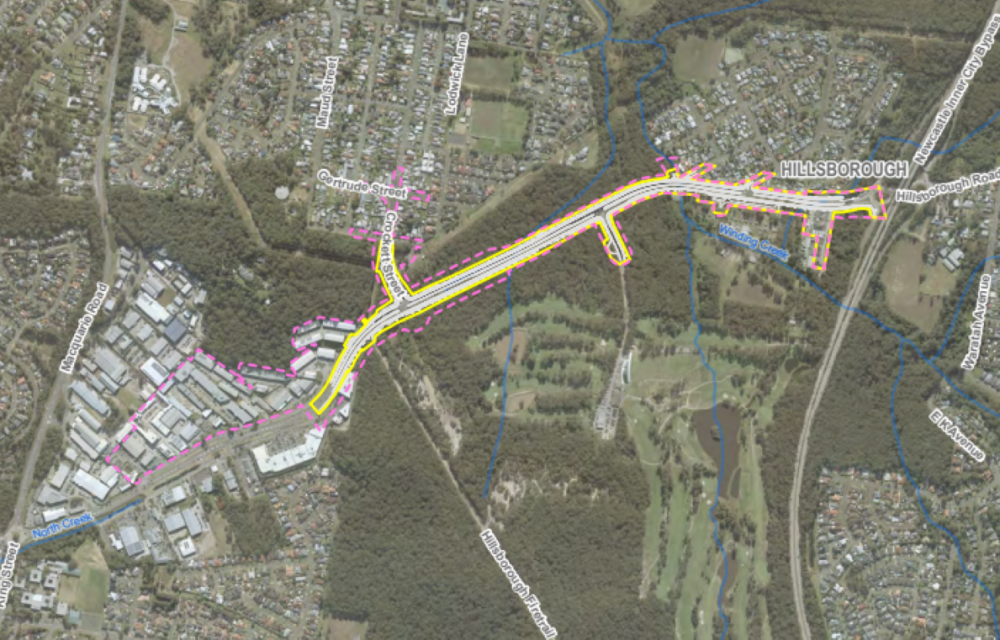 Map for a road upgrade project in the Hunter region, including traffic lights, road duplication, and path upgrades