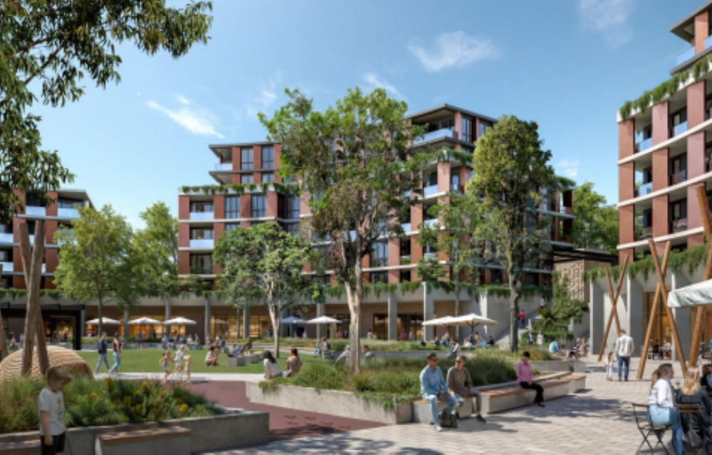 A proposed mixed-use development in Western Sydney featuring residential buildings, retail space, community areas and landscaped open spaces.