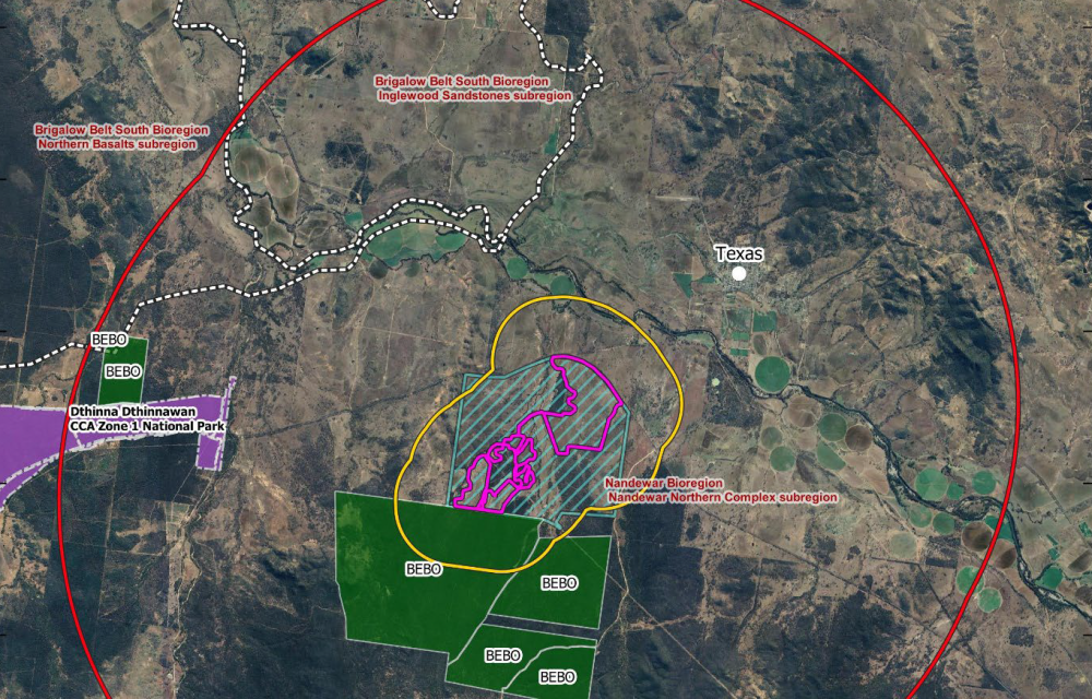A large renewable energy development combining a 200 MW solar farm and a 550 MW 2200 MWh battery system is proposed south of Texas in northern NSW, advancing through federal environmental assessment.