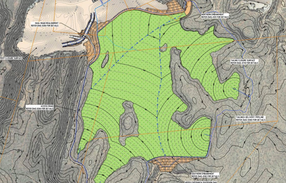 Aerial layout of the proposed TSF3 at the Capricorn Copper Mine showing the embankment footprint, borrow areas and surrounding valleys in north west Queensland.