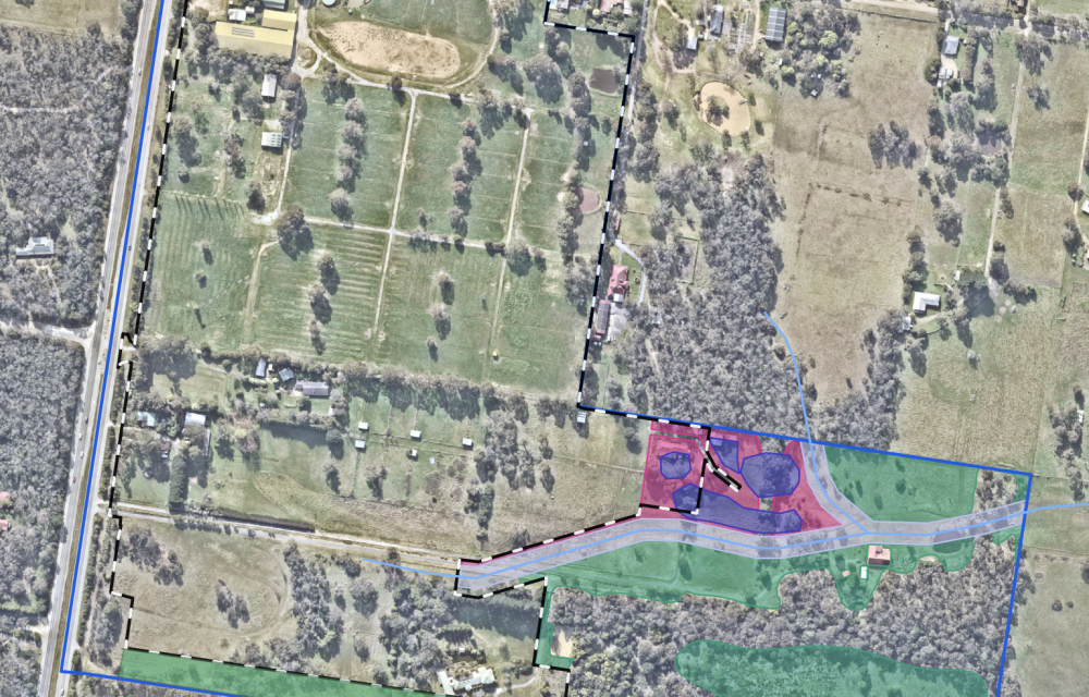 Site layout of the proposed BAPS Hindu Mahã-Mandir precinct in Cranbourne South showing the temple footprint, access points, car parking areas and surrounding landscape.