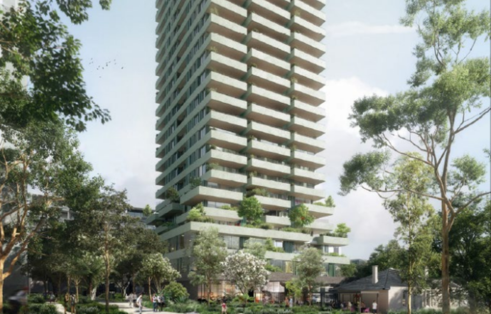 Artist impression of a mixed use residential tower featuring podium levels, apartments and heritage adaptive reuse in northern Sydney.
