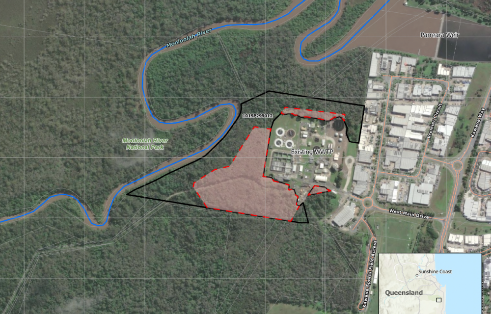 Aerial view and site layout of a staged wastewater treatment plant upgrade at Warana on the Sunshine Coast, Queensland, showing existing infrastructure and proposed expansion areas.