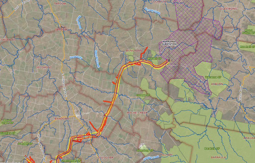 Map showing the proposed 275 kV transmission line route and substation location near Wandoan in Queensland’s Western Downs region