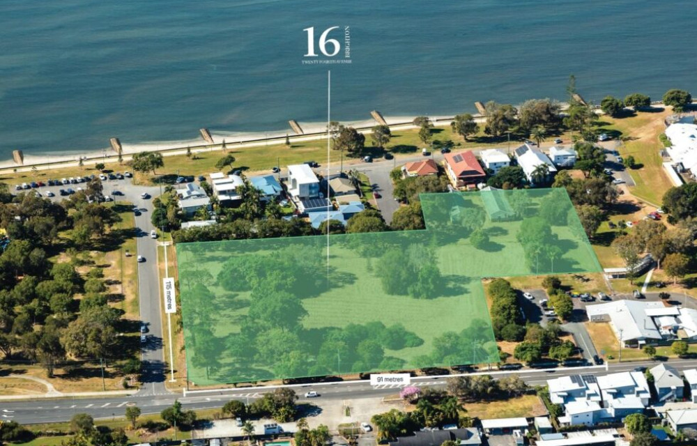 Artist impression of the site location of the retirement living and aged care development with outdoor and communal facilities in a coastal urban setting