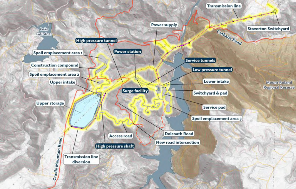 Map showing the proposed Cethana pumped hydro energy storage development including upper storage, underground power station, tunnels, switchyards and transmission line