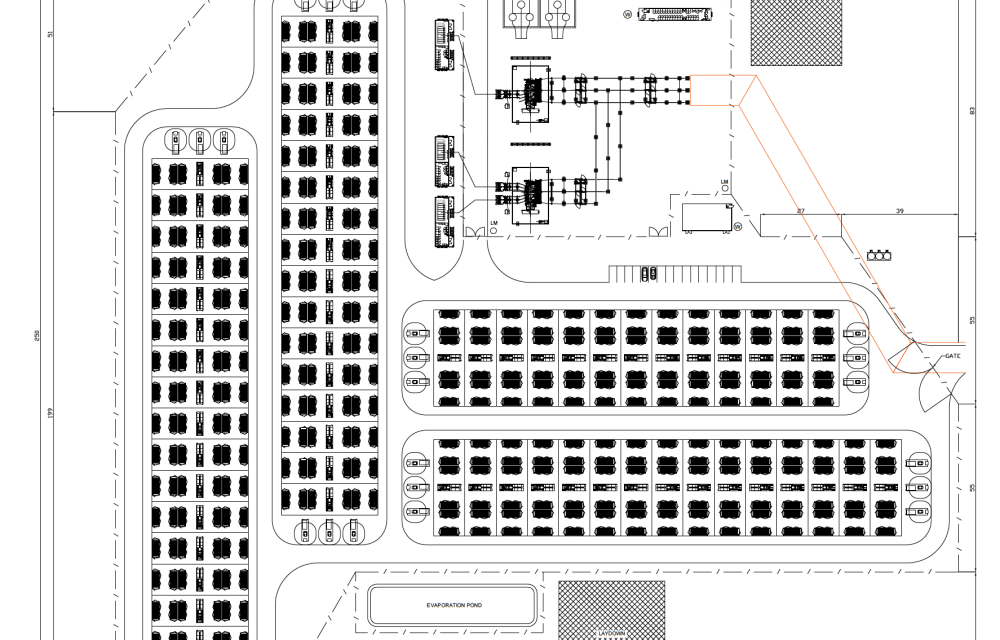 Indicative site layout of a proposed solar photovoltaic and battery energy storage facility near Collie showing battery arrays, substation and access roads.